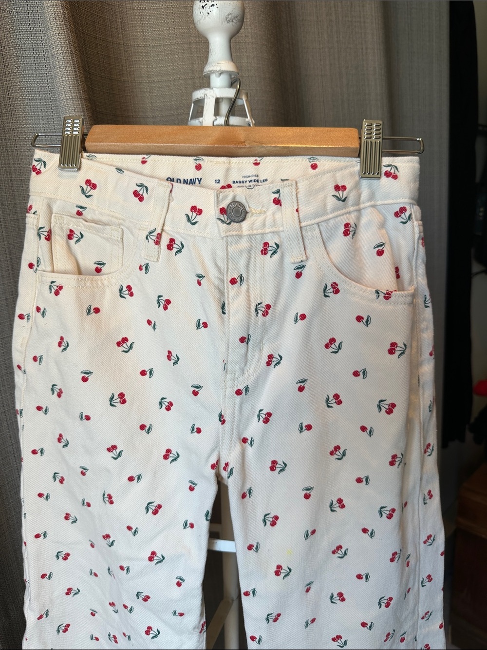 Old Navy White  wide leg Jeans with Red Cherry Print